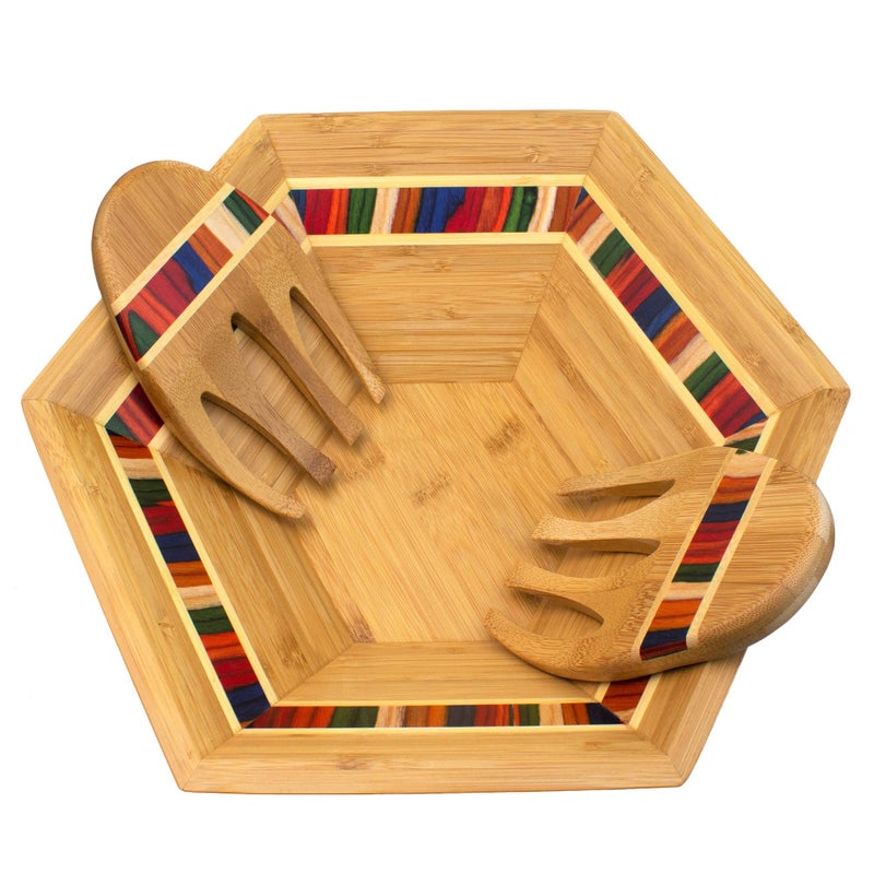 Totally Bamboo Baltique Marrakesh Collection 14" Salad Serving Bowl with Salad Hands, Bamboo and Colored Birch Wood - Image 1